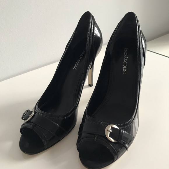 Enzo Angiolini Eamurray Patent Leather Silver Buckle Black Open Toe Pumps Shoes - Picture 13 of 16